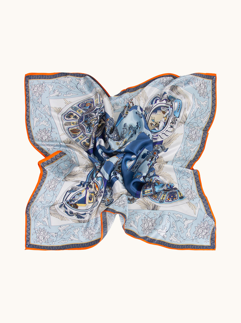 Patterned silk scarf with orange border 90 cm x 90 cm image 2