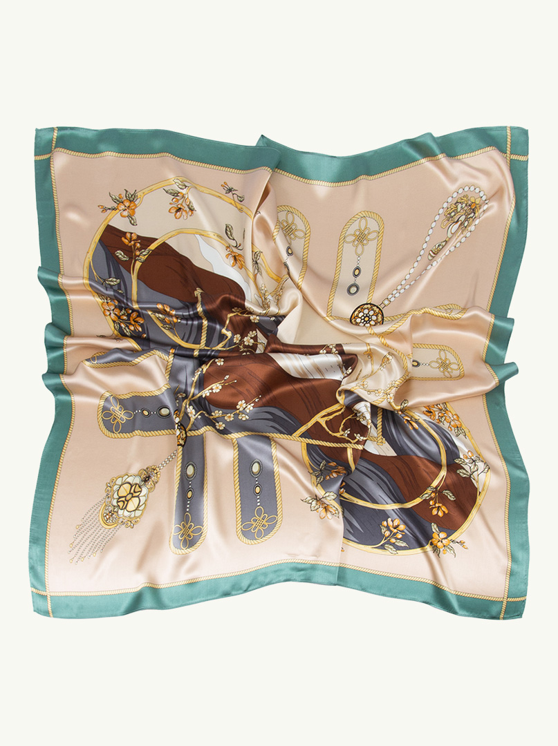 Beige silk floral scarf with green border 90 cm x 90 cm image 4