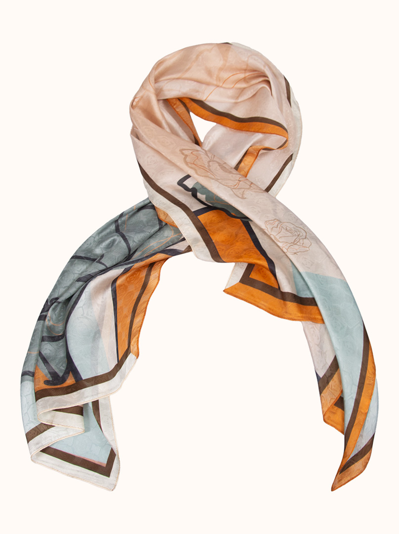 Beige silk jacquard scarf with flower motif50 cm x 170 cm- s04sz103 image 2