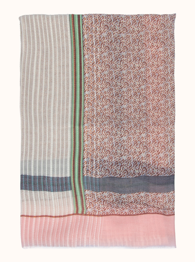 Lightweight beige shawl with pink border with horse motif 85cm x 190 cm image 4