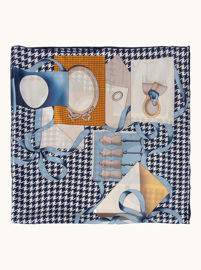 A large silk scarf blue in pepit, with a motif of gallantry - 110cm x 110cm. image 2