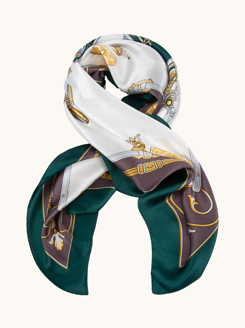 Silk patterned scarf with green border 90 cm x 90 cm image 1