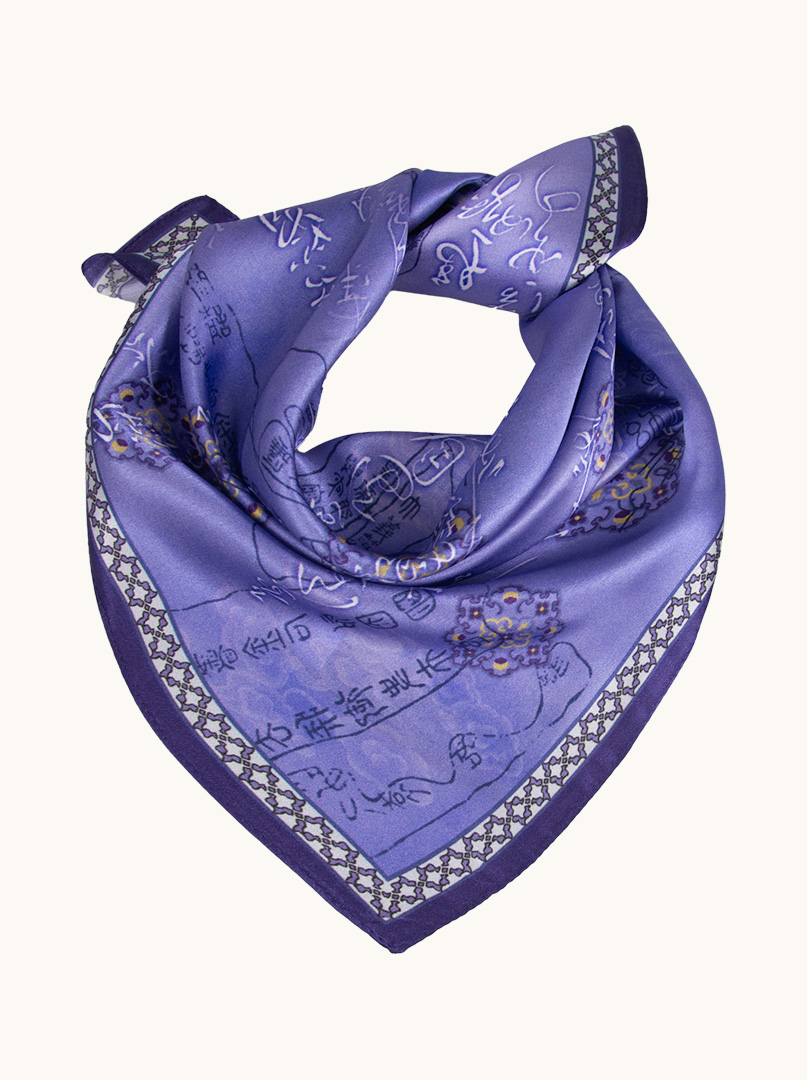 Silk gavroshka purple with Asian patterns 53x53 cm image 1