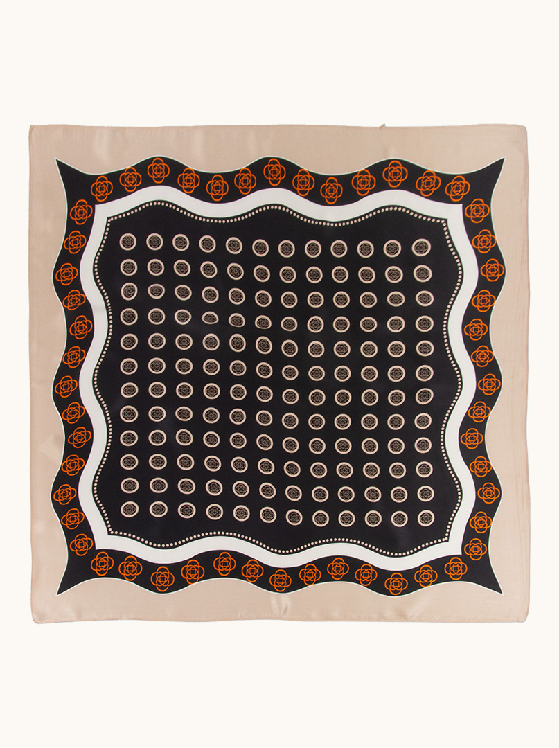 Black silk scarf in circles with beige border image 2