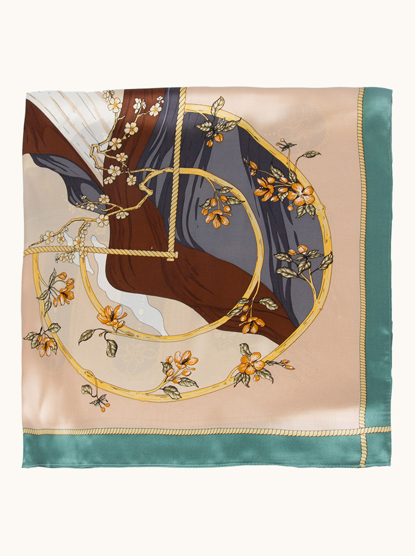 Beige silk floral scarf with green border 90 cm x 90 cm image 1
