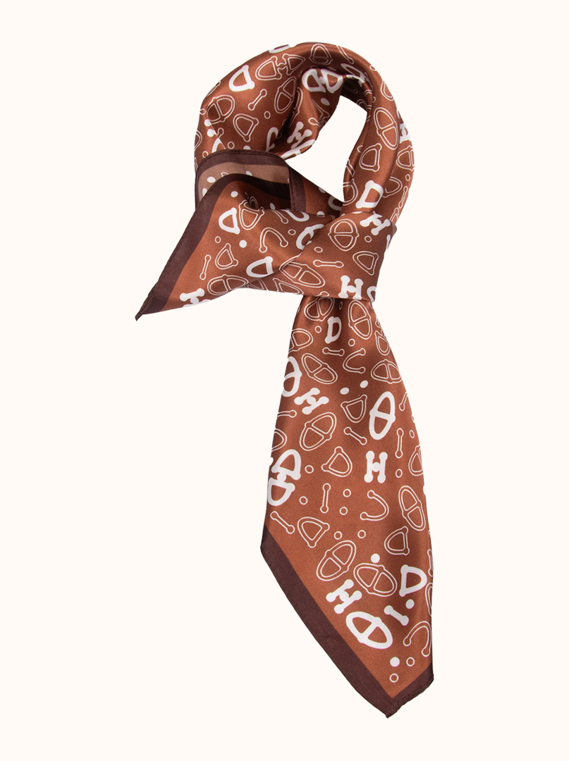 Brown silk scarf with white patterns 70x70 cm image 1