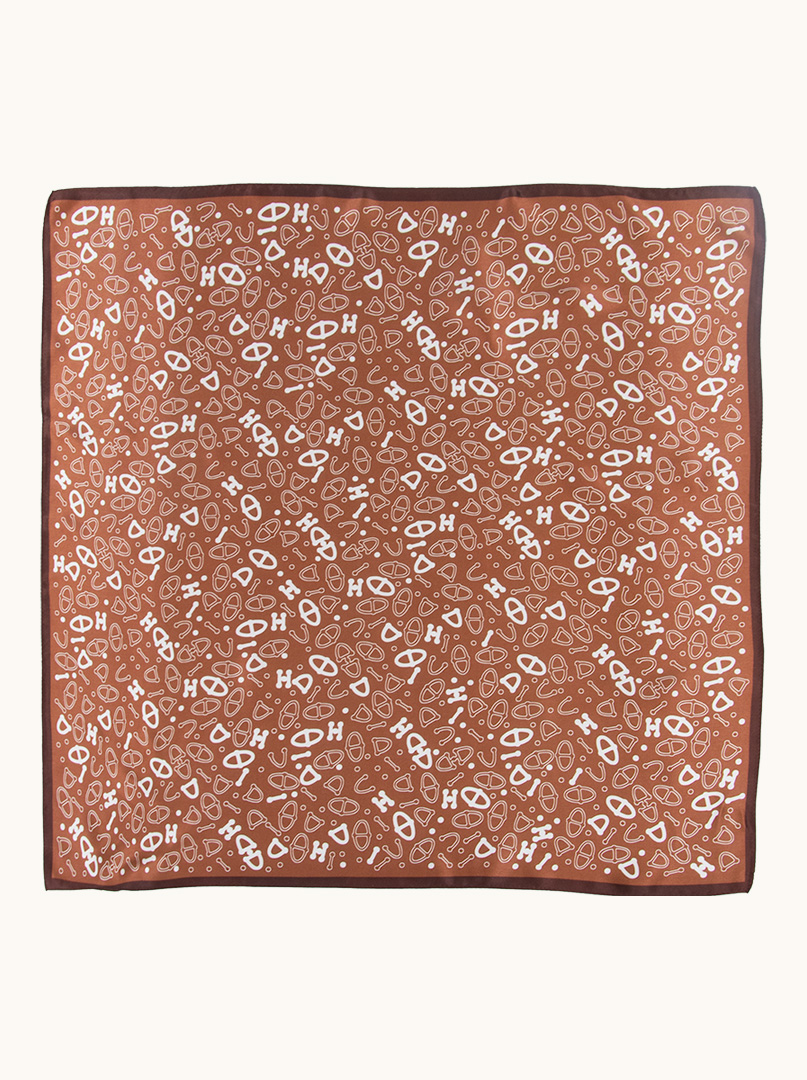 Brown silk scarf with white patterns 70x70 cm image 2