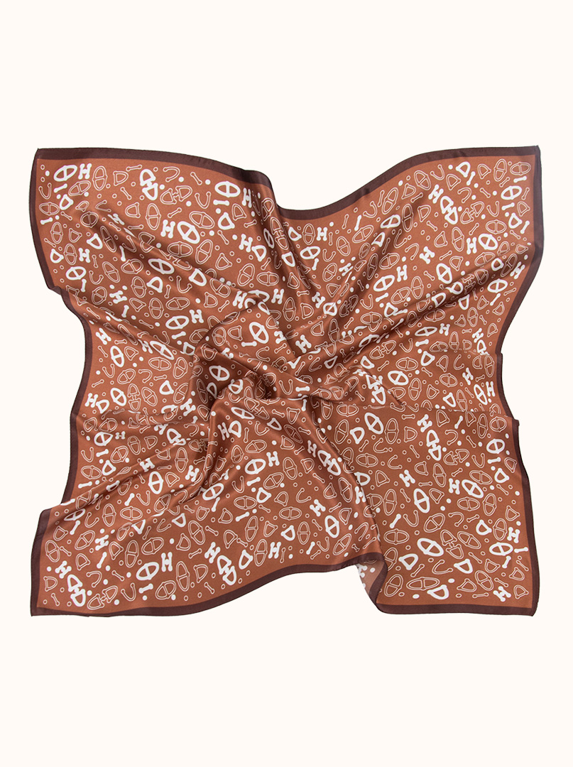Brown silk scarf with white patterns 70x70 cm image 3