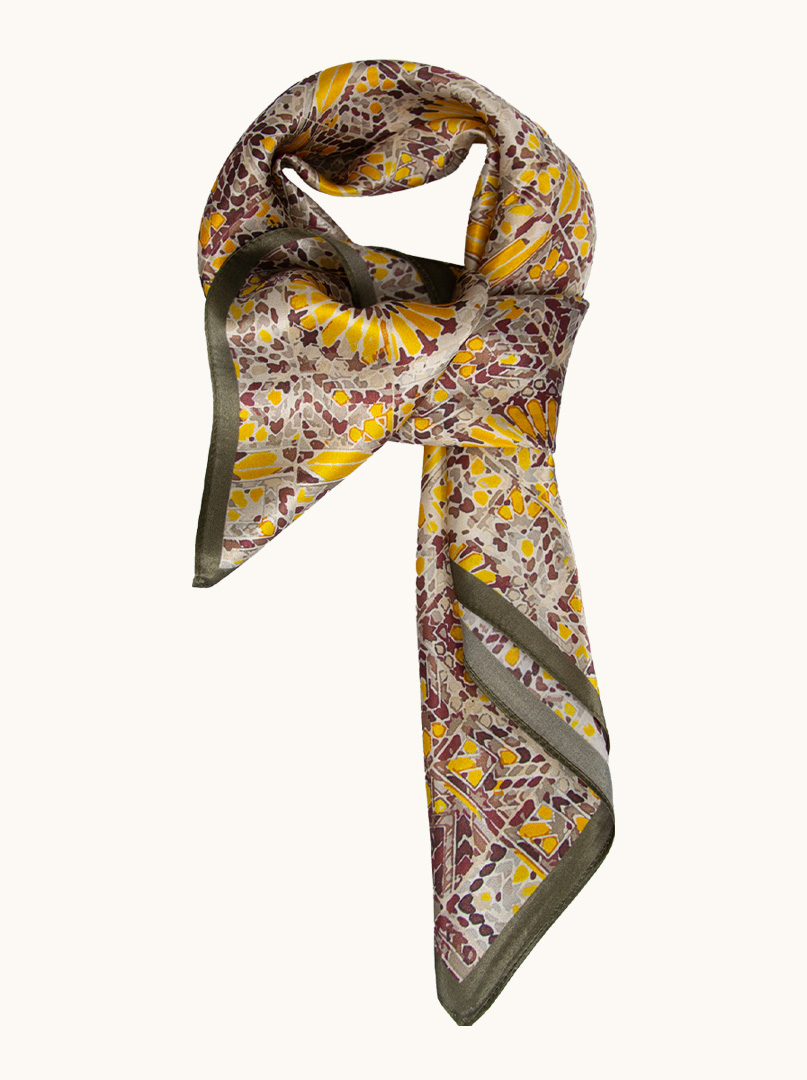 Silk scarf with yellow flower motif  70 cm x 70 cm image 1