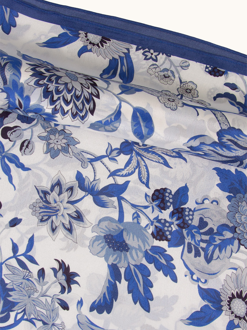 White silk scarf with blue flower motif 35 cm x 140 cm image 4