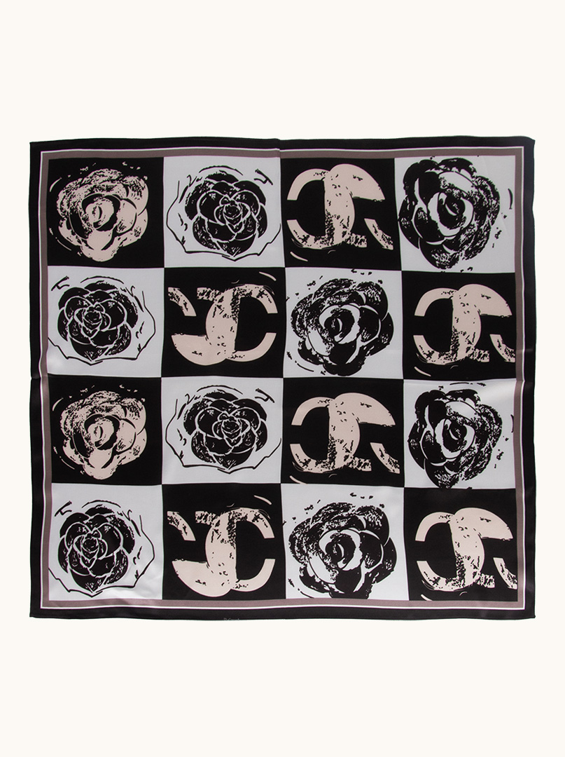 Black and white silk scarf with rose motif on checkerboard 70 cm x 70 c image 3