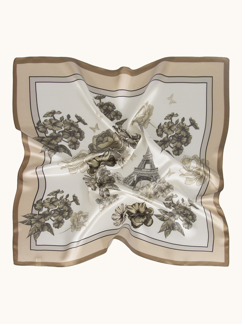 Cream silk scarf with flower and Eiffel Tower motif 70 cm x 70 cm image 4