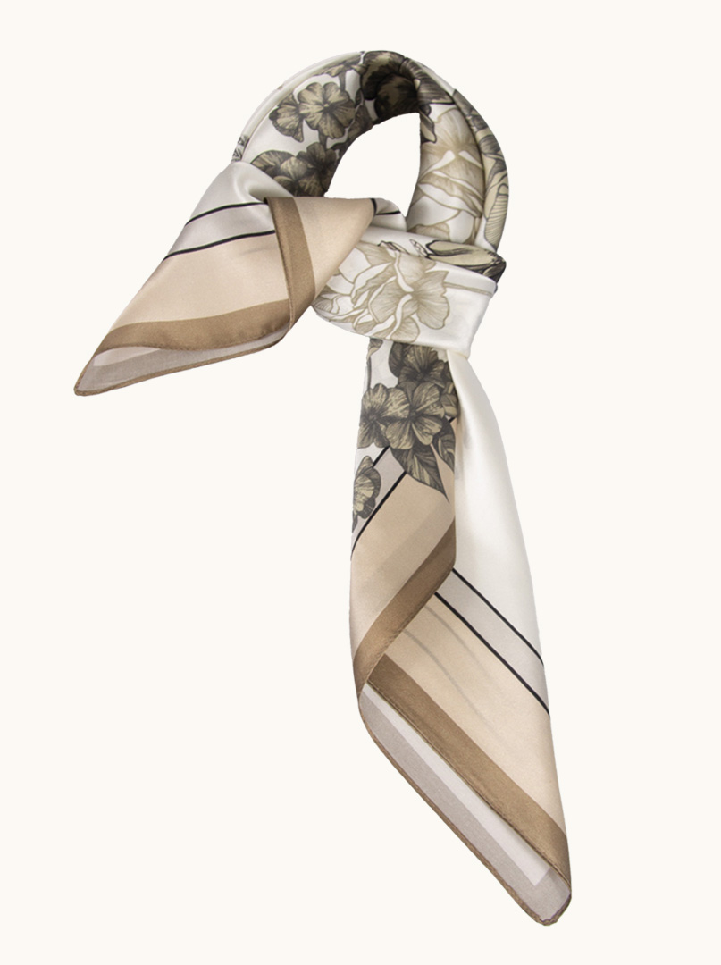 Cream silk scarf with flower and Eiffel Tower motif 70 cm x 70 cm image 1