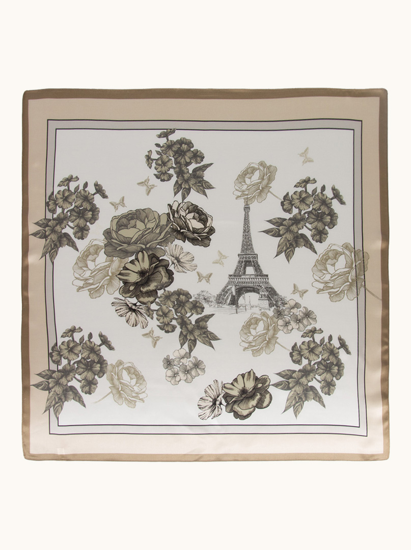 Cream silk scarf with flower and Eiffel Tower motif 70 cm x 70 cm image 2