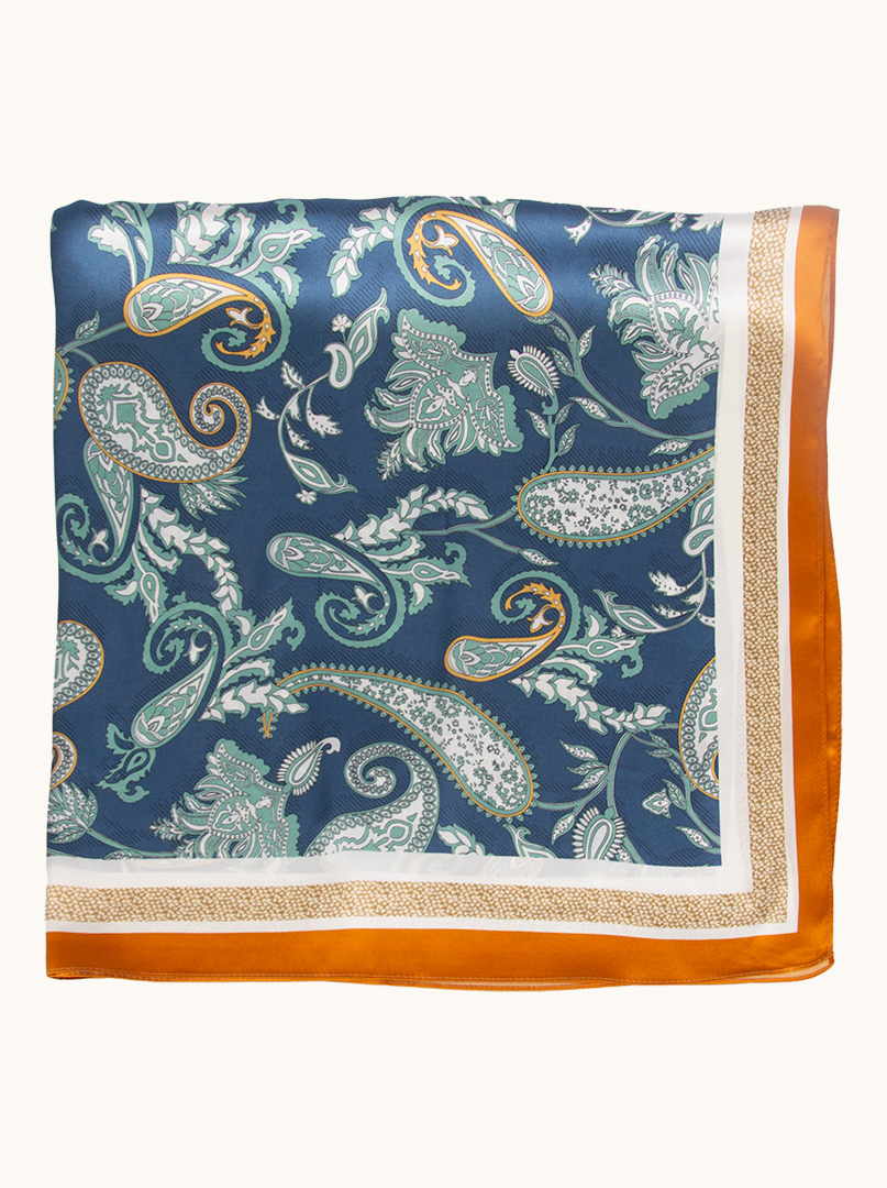  Blue silk scarf with paisley motif with orange border 90 cm x 90 cm image 1