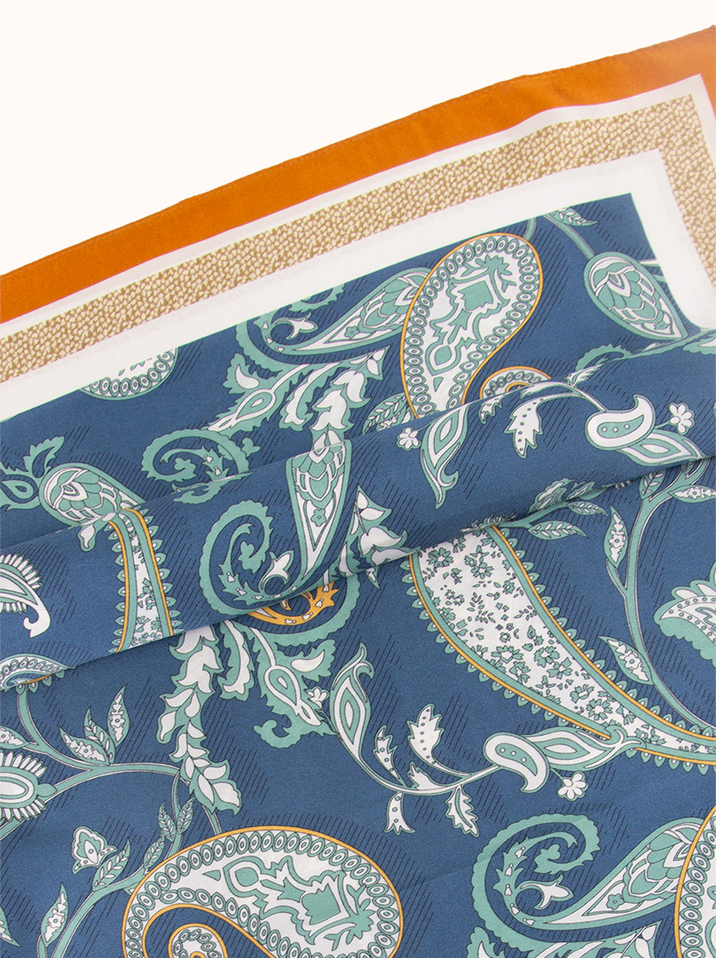  Blue silk scarf with paisley motif with orange border 90 cm x 90 cm image 2