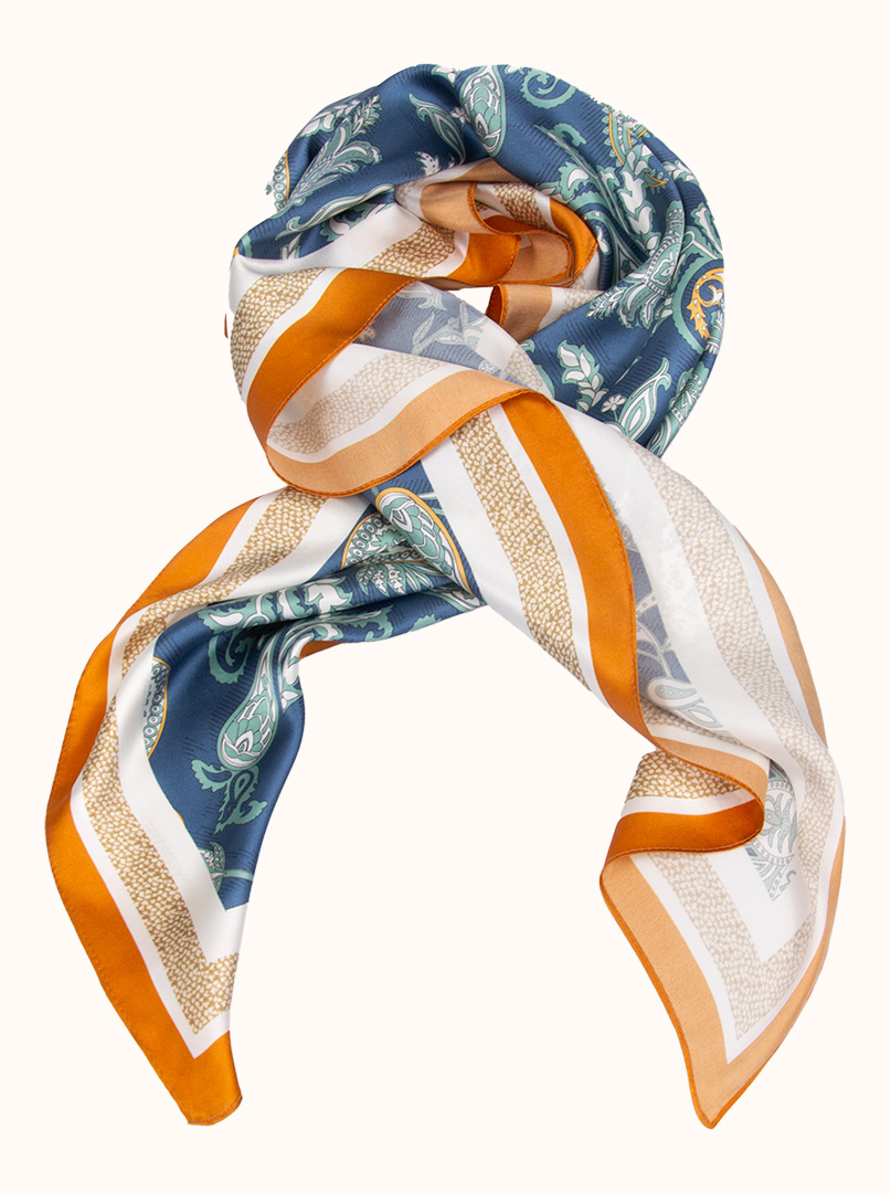  Blue silk scarf with paisley motif with orange border 90 cm x 90 cm image 3