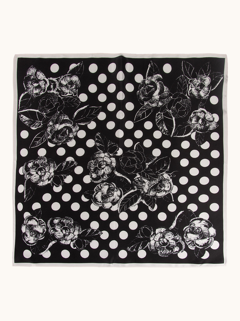 Apaszka jedwabna czarna w białe grochy i róże 70 cm x 70 cm zdjęcie 4