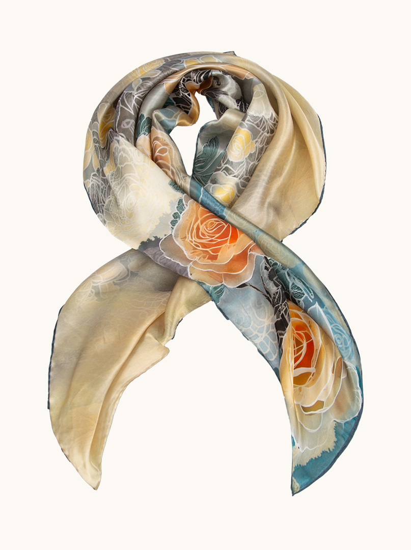 Silk scarf hand hemmed with flowers 90 cm x 90 cm image 1