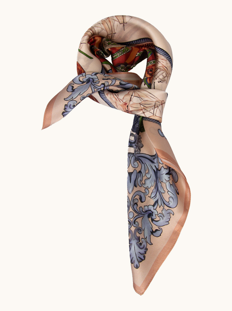 Multicolored silk scarf with horse motif and floral ornaments 70 cm x 70 cm image 1