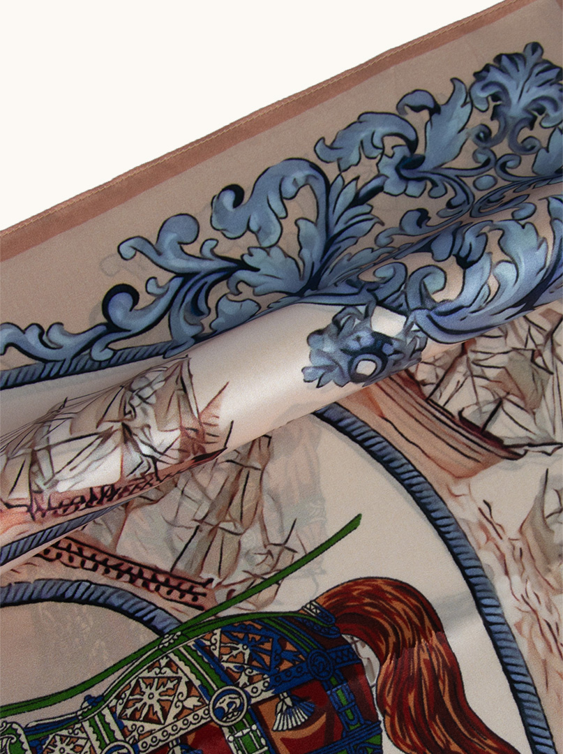 Apaszka jedwabna  wielokolorowa z motywem koni oraz roślinnymi ornamentami 70 cm x 70 cm zdjęcie 2