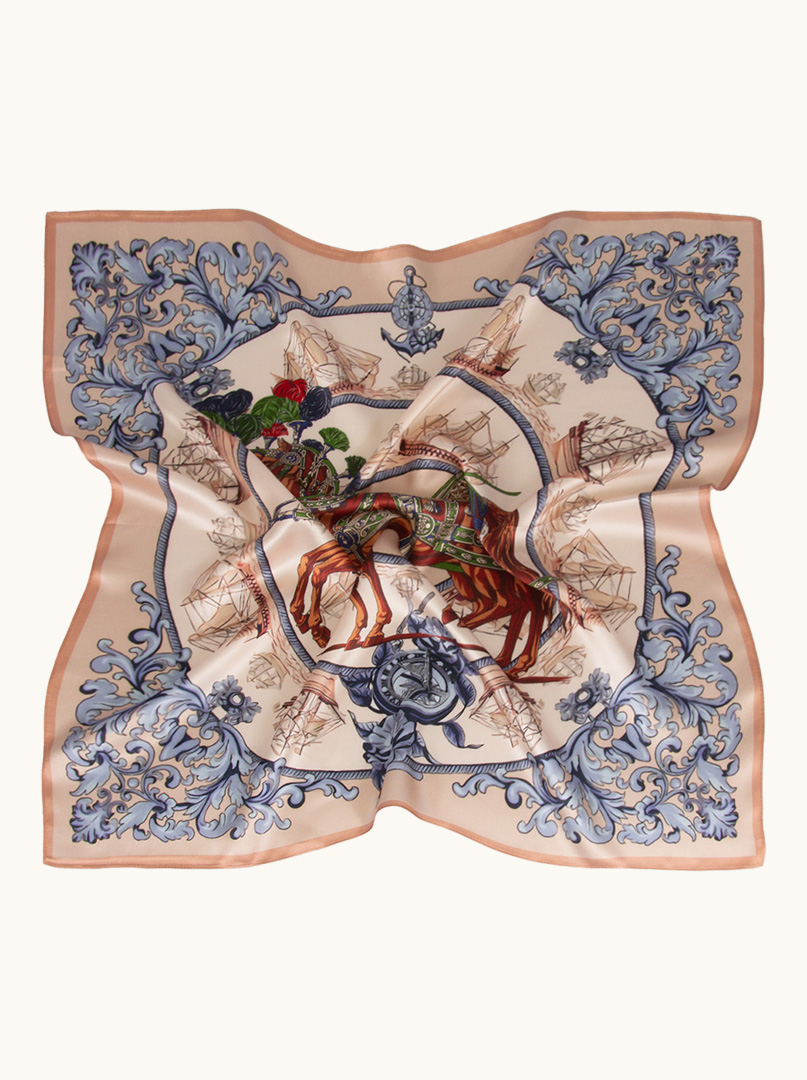 Apaszka jedwabna  wielokolorowa z motywem koni oraz roślinnymi ornamentami 70 cm x 70 cm zdjęcie 3