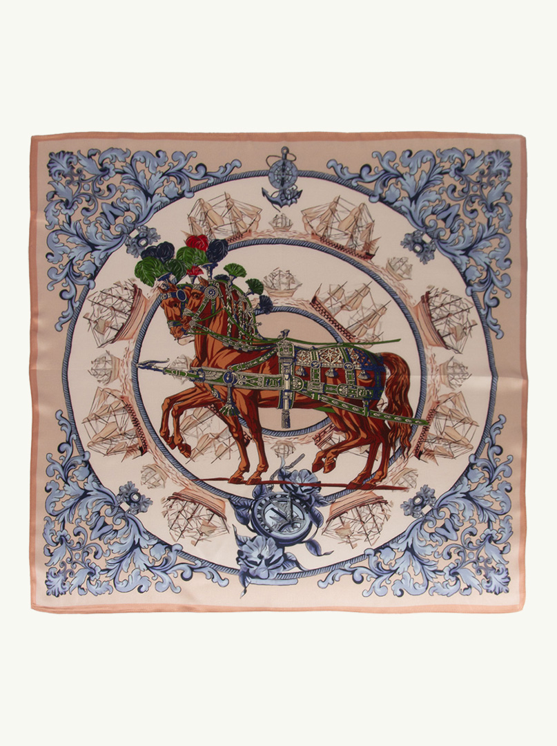 Apaszka jedwabna  wielokolorowa z motywem koni oraz roślinnymi ornamentami 70 cm x 70 cm zdjęcie 4