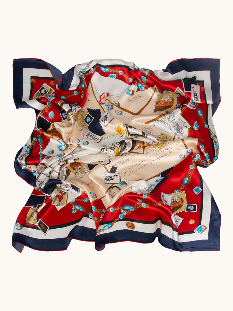 Large silk scarf with stamps and envelopes motifs110 cm x 110 cm image 1