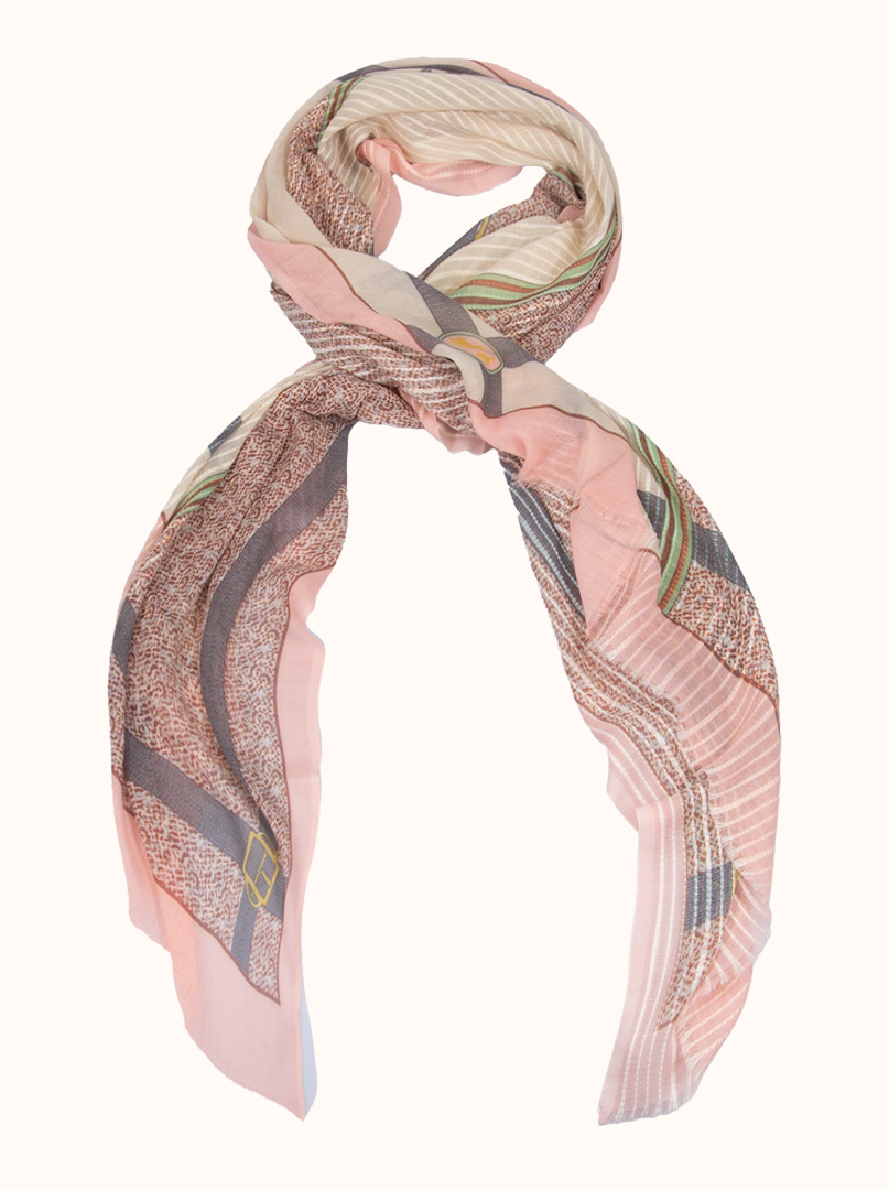 Lightweight beige shawl with pink border with horse motif 85cm x 190 cm image 1