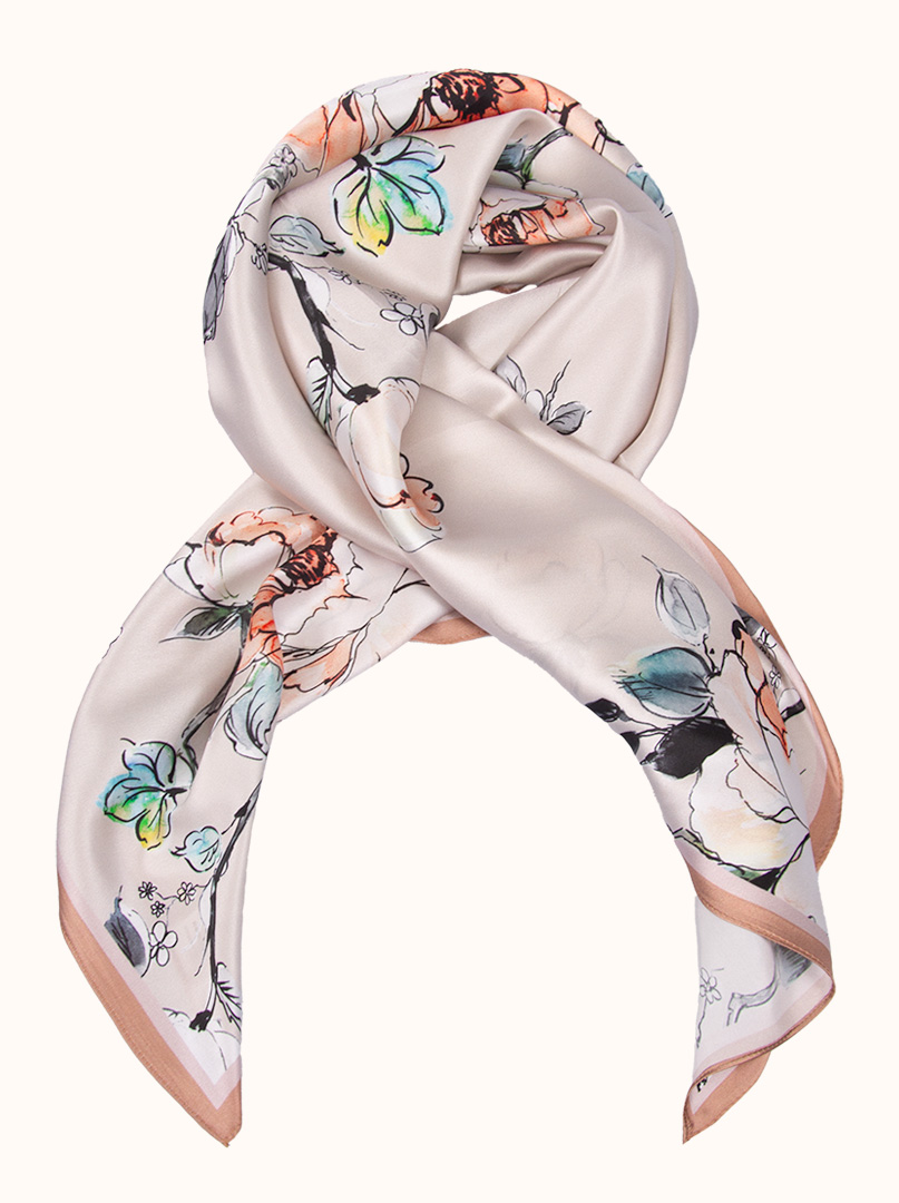 Beige silk scarf in floral motifs with beige border 90 cm x 90 cm image 1