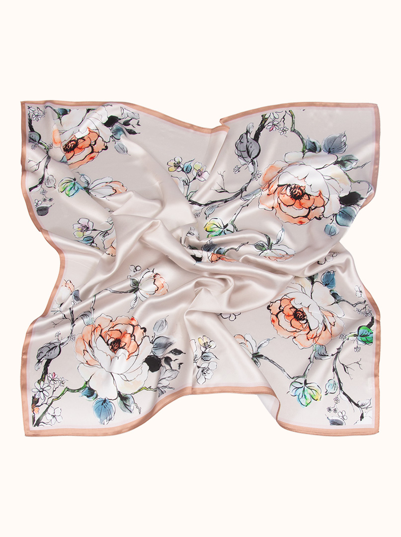 Beige silk scarf in floral motifs with beige border 90 cm x 90 cm image 2
