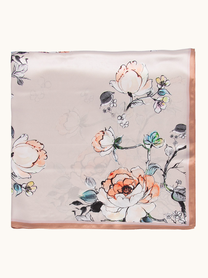 Beige silk scarf in floral motifs with beige border 90 cm x 90 cm image 3