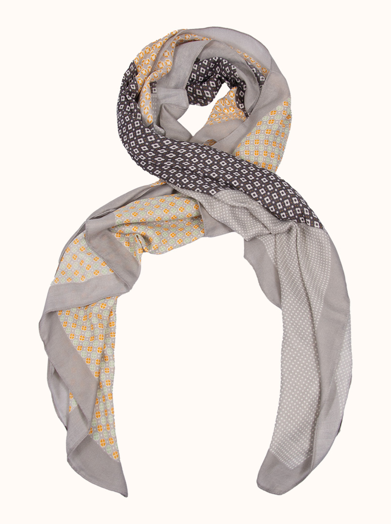 Light gray viscose scarf with orange-green patterns, 80 cm x 180 cm image 1