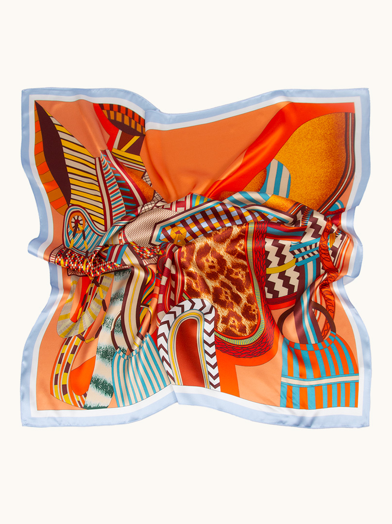  Orange silk scarf with geometric patterns 90 cm x 90 cm image 1