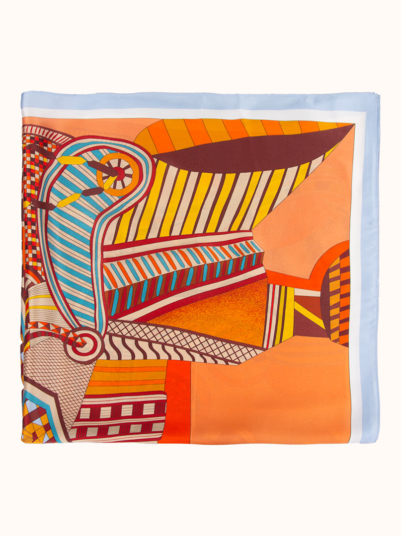  Orange silk scarf with geometric patterns 90 cm x 90 cm image 2