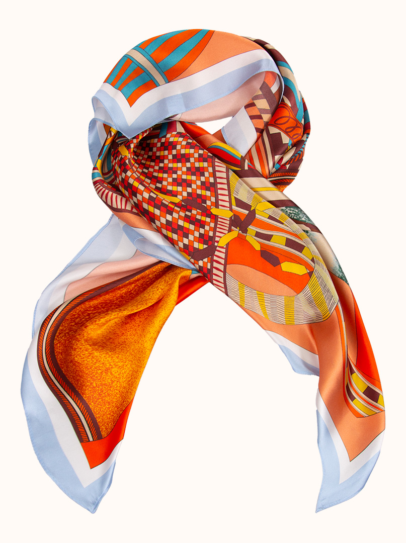  Orange silk scarf with geometric patterns 90 cm x 90 cm image 4