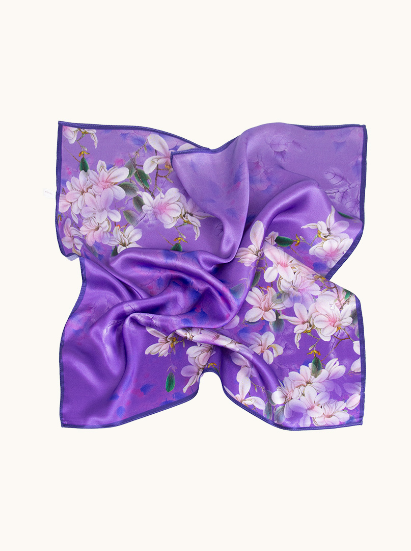 Apaszka jedwabna fioletowa w kwiaty  70x70 cm zdjęcie 2