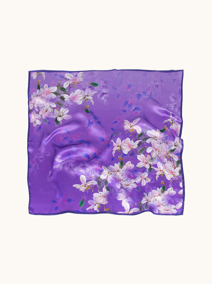 Apaszka jedwabna fioletowa w kwiaty  70x70 cm zdjęcie 3