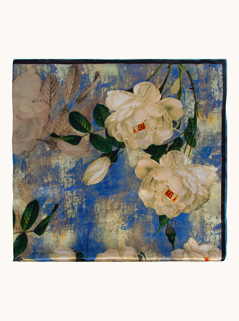 Large blue silk scarf with painted flowers 110 cm x 110 cm image 2