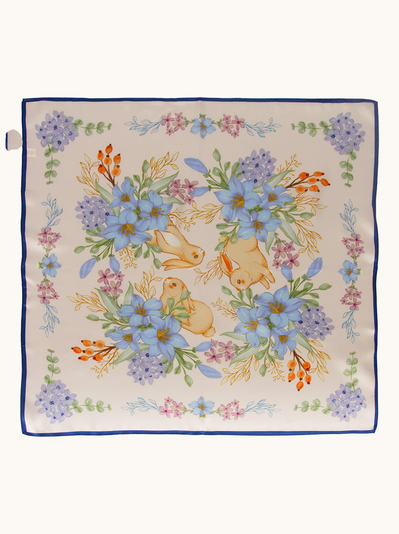 Cream silk scarf with hare motif 70 cm x 70 cm image 3