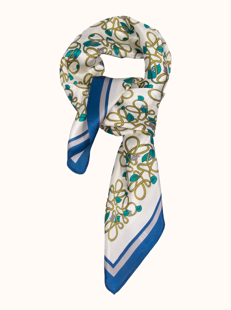 Cream silk scarf with green patterns70x70 cm image 1