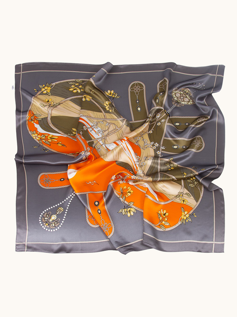 Orange and graphite floral silk scarf 90 cm x 90 cm image 2