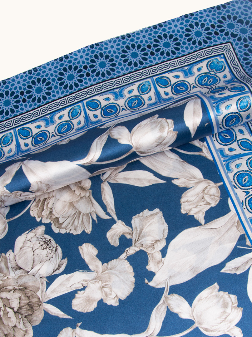 Blue silk scarf with white flowers 90 cm x 90 cm image 4