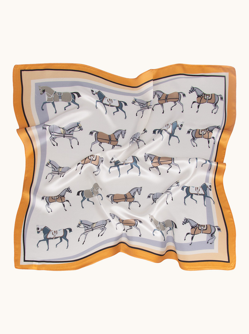 Cream silk scarf in horses with orange border 70x70 cm image 1