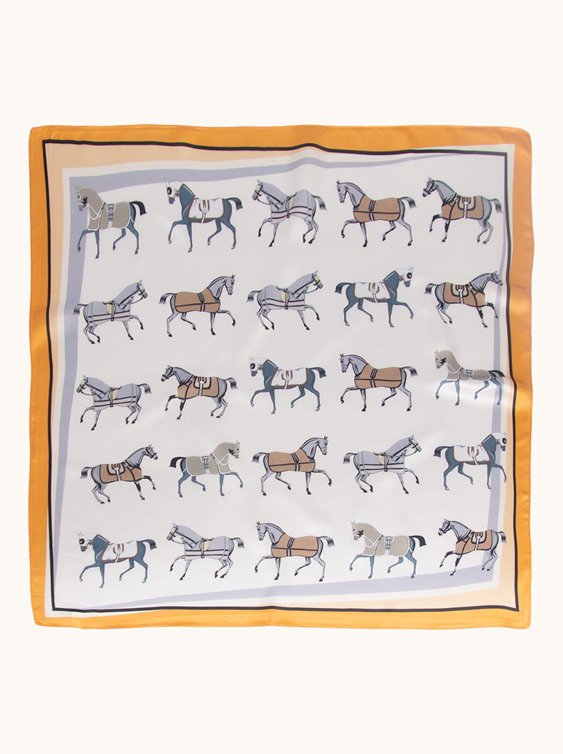 Cream silk scarf in horses with orange border 70x70 cm image 2