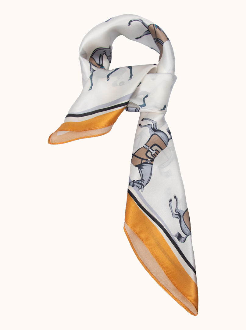 Cream silk scarf in horses with orange border 70x70 cm image 4