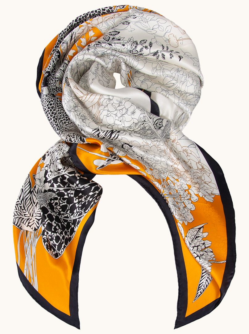 Large silk scarf with floral motifs on orange background 110cm x 110cm image 3