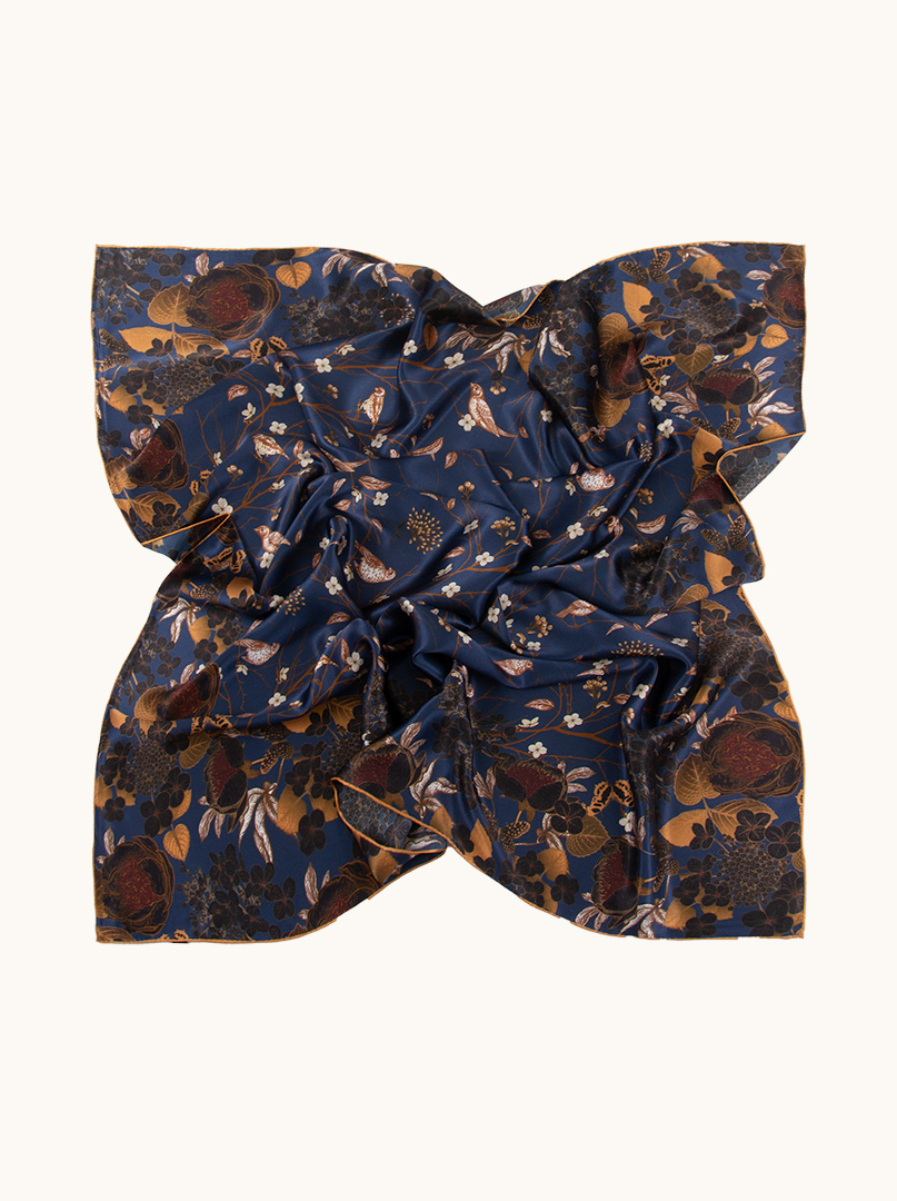 Large navy blue silk scarf with flowers 105cm x 105cm PREMIUM image 2