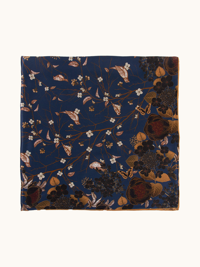 Large navy blue silk scarf with flowers 105cm x 105cm PREMIUM image 3