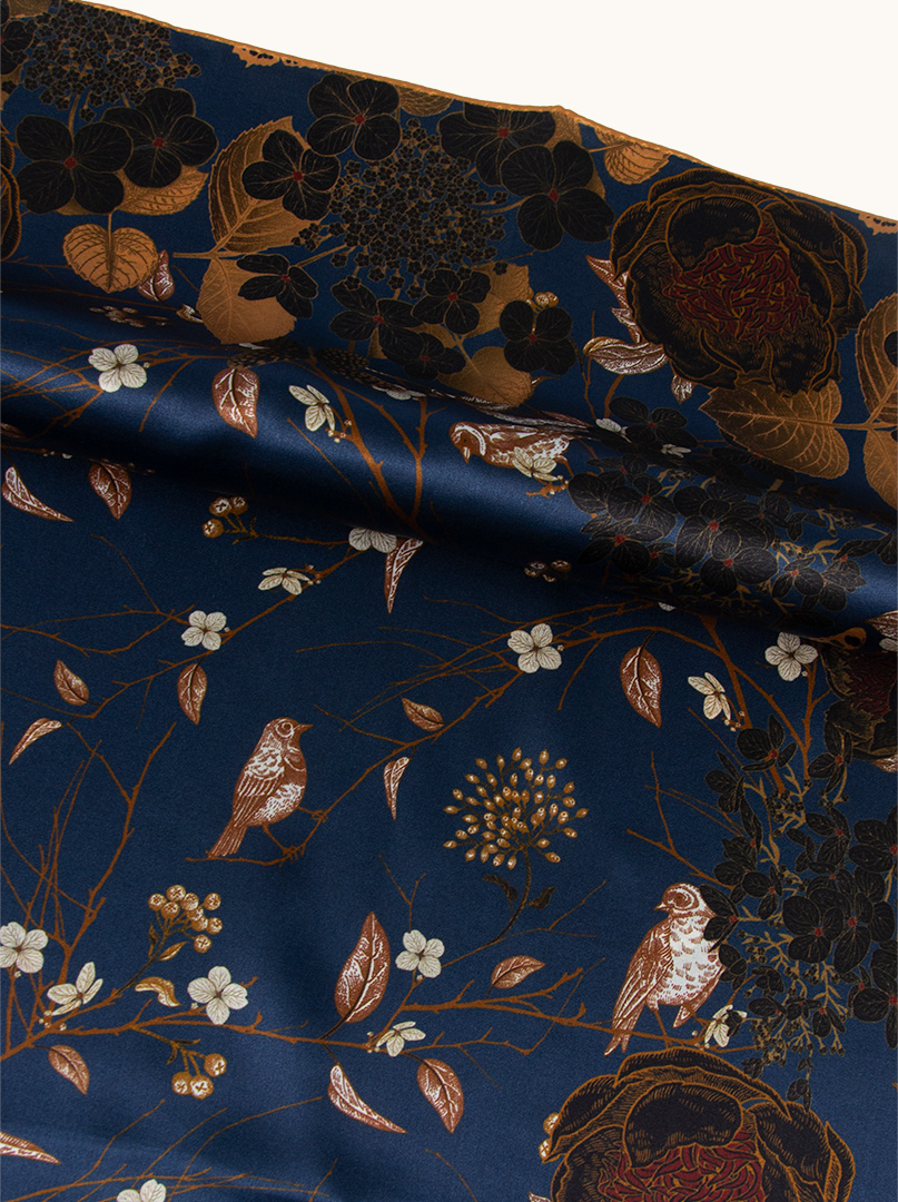 Large navy blue silk scarf with flowers 105cm x 105cm PREMIUM image 4